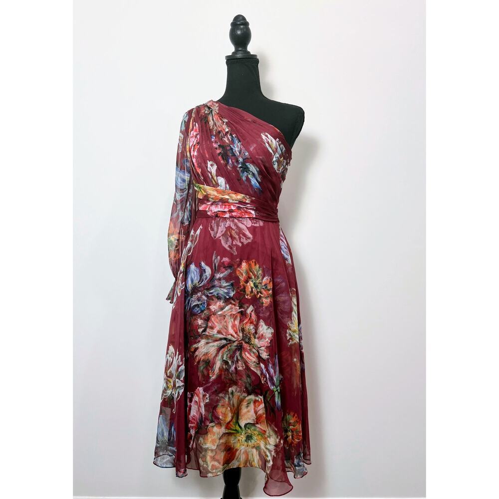 Marchesa Notte Floral Printed Cocktail Dress Burgundy Size 0 One Shoulder Lined - Picture 1 of 8